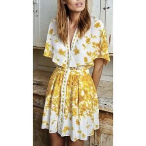 Alexis Etta Short Silk Dress Yellow Floral Adjustable Cape XS